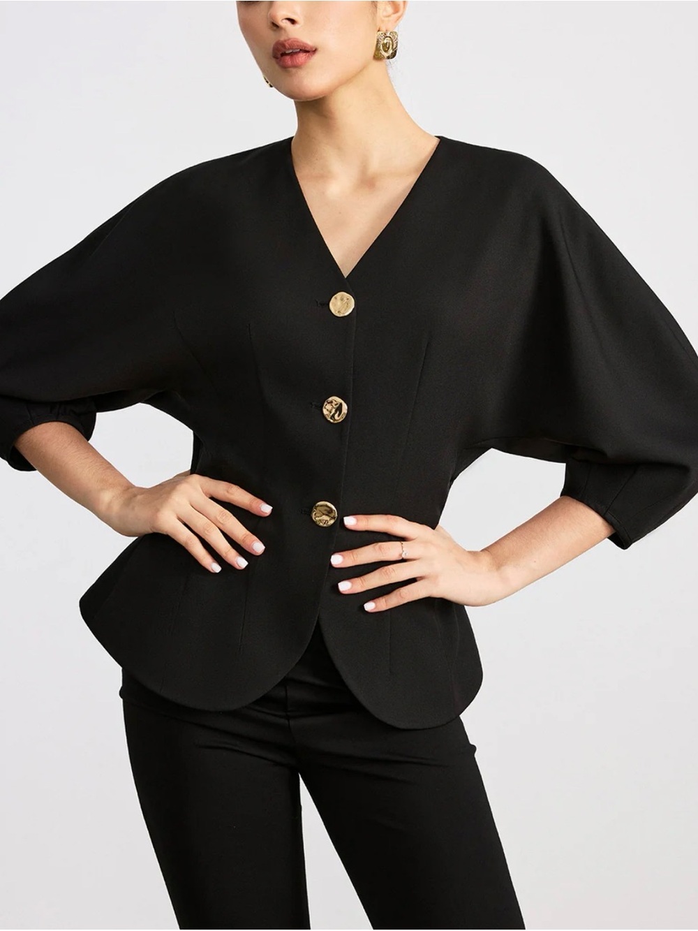 NWT Commense Elegant Black Peplum Blazer Top with Gold Buttons